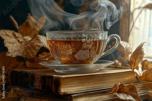 beautifully detailed vintage tea cup filled with steaming tea sits atop an open, weathered book. The intricate floral patterns on the glass cup and the soft steam rising create a warm, serene atmosphe photo