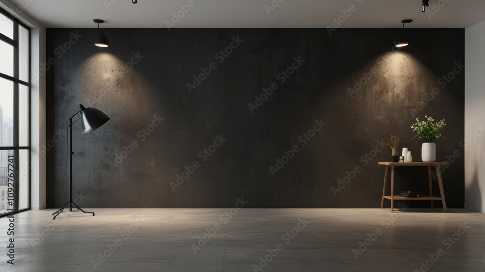 Minimalist modern room with dark wall, floor lamp, and small side table, ideal for interior design mockups. Minimalist modern room with dark wall, floor lamp, and small side table, ideal for interior design mockups.