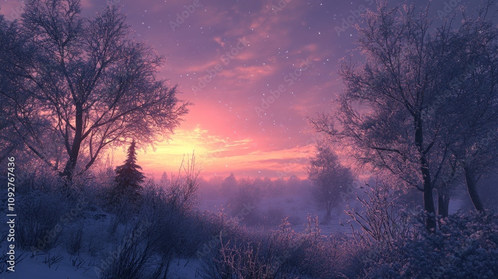 A cold, evening view of trees covered in frost. A cold, evening view of trees covered in frost.