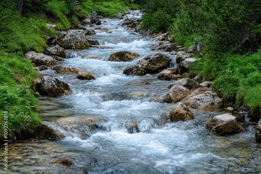Fototapeta premium Flowing water creates a serene atmosphere in a lush, green landscape