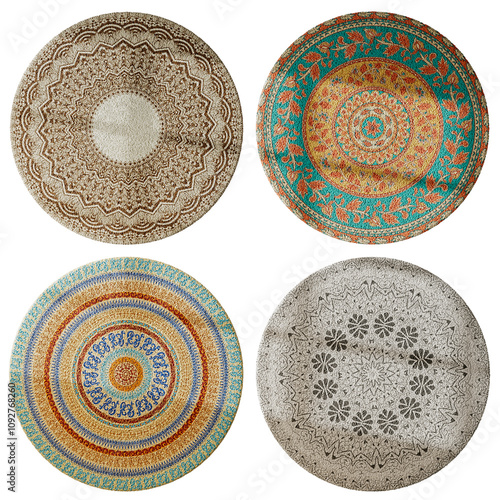 Four round rugs with different patterns and colors
