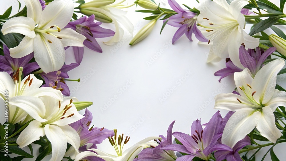 Obraz premium White lily flowers in a circular arrangement surrounded by purple lilies, elegant decor, fresh flowers,