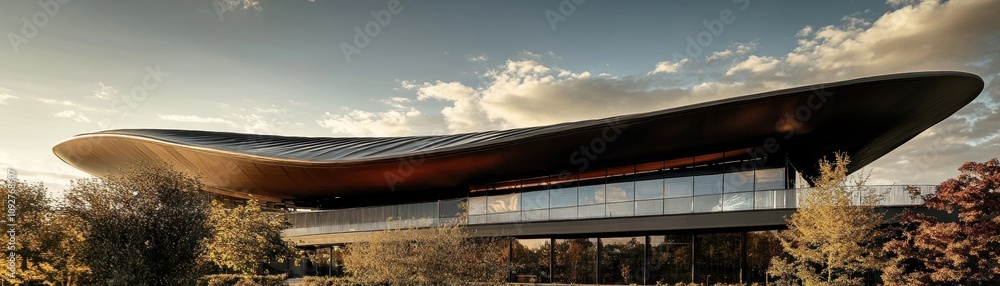 Obraz premium A modern architectural structure with a sleek, curved roof amidst a natural landscape.