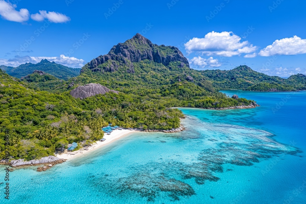 Aerial view of a tropical island surrounded by turquoise water, with coral reefs clearly visible Aerial view of a tropical island surrounded by turquoise water, with coral reefs clearly visible