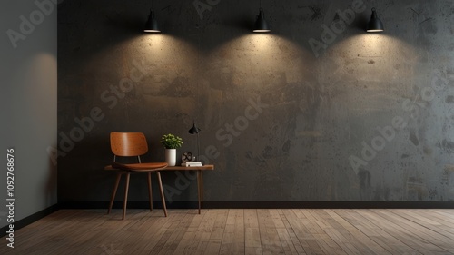 Here's a description and keywords for the image.. Minimalist room interior with wooden chair, side table, and textured wall. photo