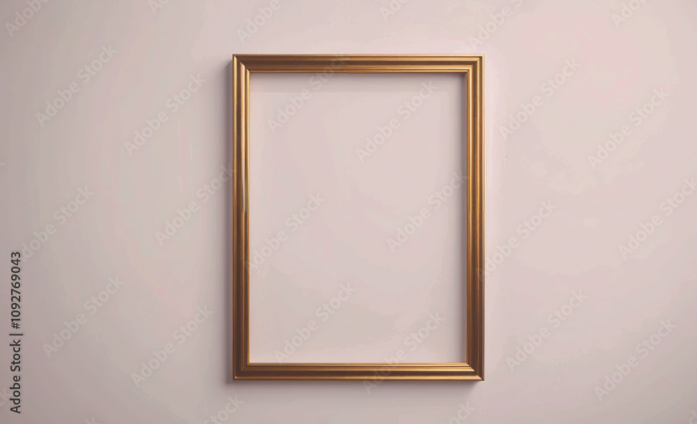 Gold framed picture is on a white wall. The frame is empty Gold framed picture is on a white wall. The frame is empty
