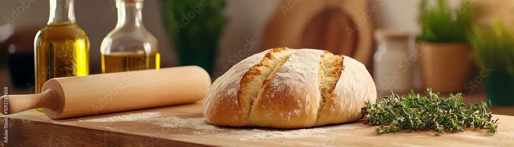 Freshly baked bread on a wooden countertop with herbs and oil in the background. Freshly baked bread on a wooden countertop with herbs and oil in the background.