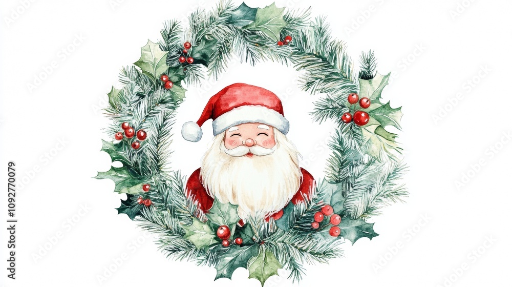 A simple Christmas watercolor painting: a wreath of Christmas trees with a friendly Santa Claus. The background is white. A simple Christmas watercolor painting: a wreath of Christmas trees with a friendly Santa Claus. The background is white.
