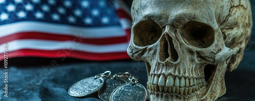 Human skull with coins, American flag background, symbolic representation.