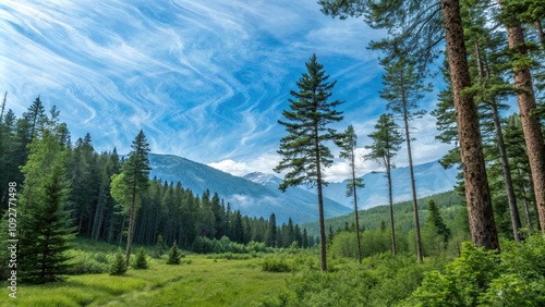 A vibrant blue marble as the background for a serene and peaceful forest landscape with tall trees and lush greenery, mountain, river, earthy