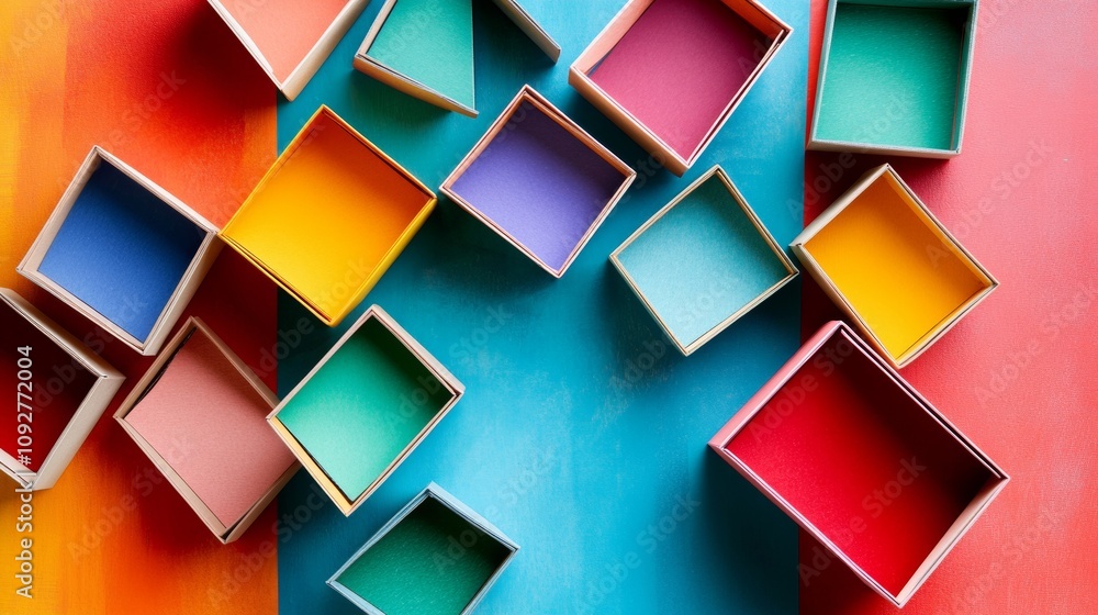 Christmas-tree-shaped gift boxes shown from above, on a colorful background. Christmas-tree-shaped gift boxes shown from above, on a colorful background.