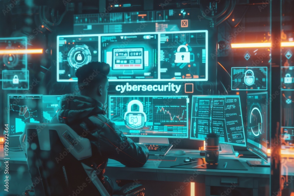 Cybersecurity Expert Working in a Modern Control Room Surrounded by Digital Screens Displaying Data, Graphs, and Security Lock Icons at Night Cybersecurity Expert Working in a Modern Control Room Surrounded by Digital Screens Displaying Data, Graphs, and Security Lock Icons at Night