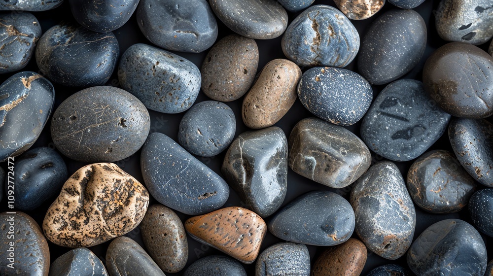 A close up of a collection of smooth, gray, and brown stones. A close up of a collection of smooth, gray, and brown stones.