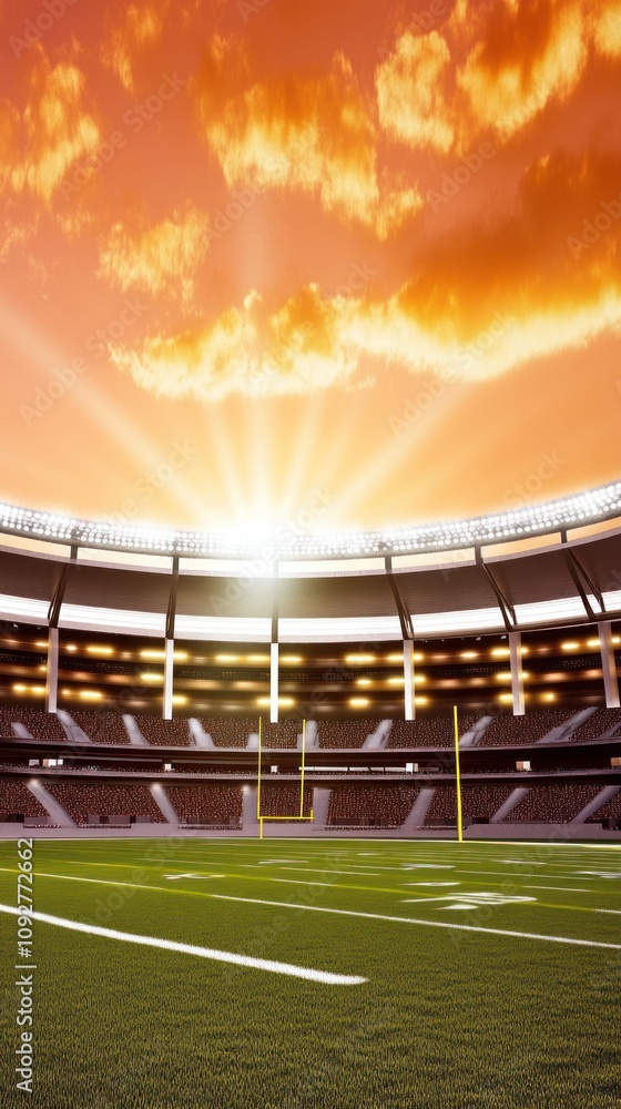 Obraz premium A vibrant sunset over a football stadium, highlighting the field and seating.