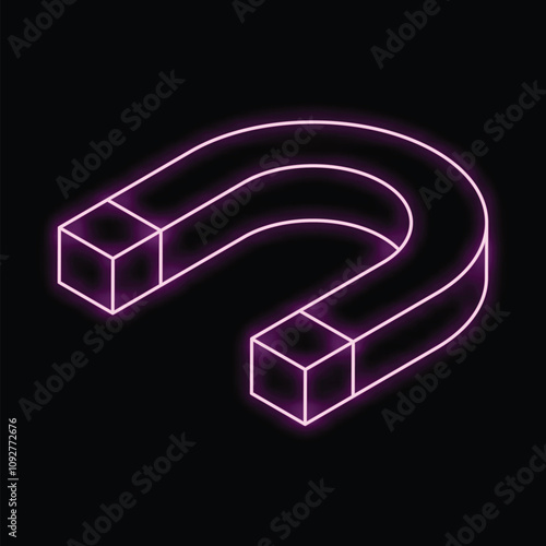 Glowing purple neon horseshoe magnet is floating on a black background