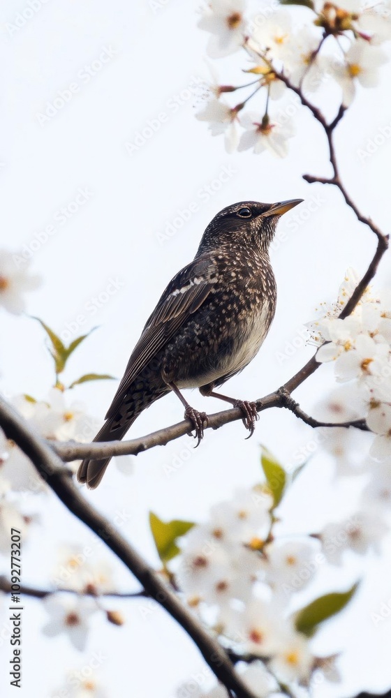 A bird perched on a branch adorned with white blossoms. A bird perched on a branch adorned with white blossoms.