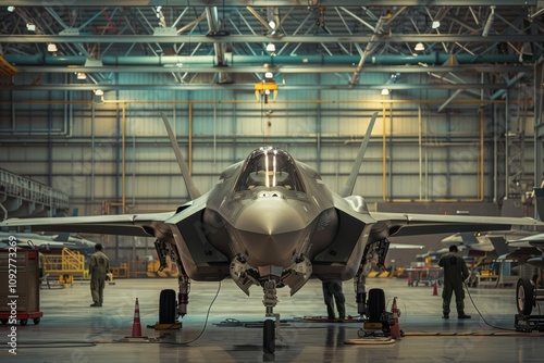 Fighter Jet Inside Maintenance Hangar with Technicians Working on Aircraft in Modern Military Environment