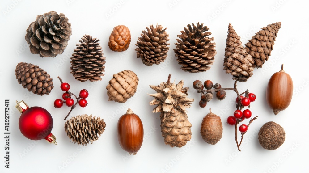 Pretty Christmas decorations: acorns, pine cones, and berries.