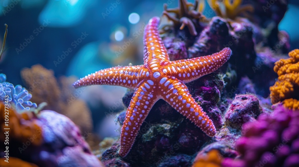 A close-up of a starfish crawling across a coral A close-up of a starfish crawling across a coral