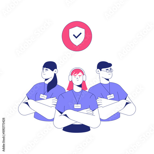 Three Team Members With Shield And Checkmark In Flat Vector Illustration Symbolizing Security, Teamwork, And Reliability, Isolated On White Background.