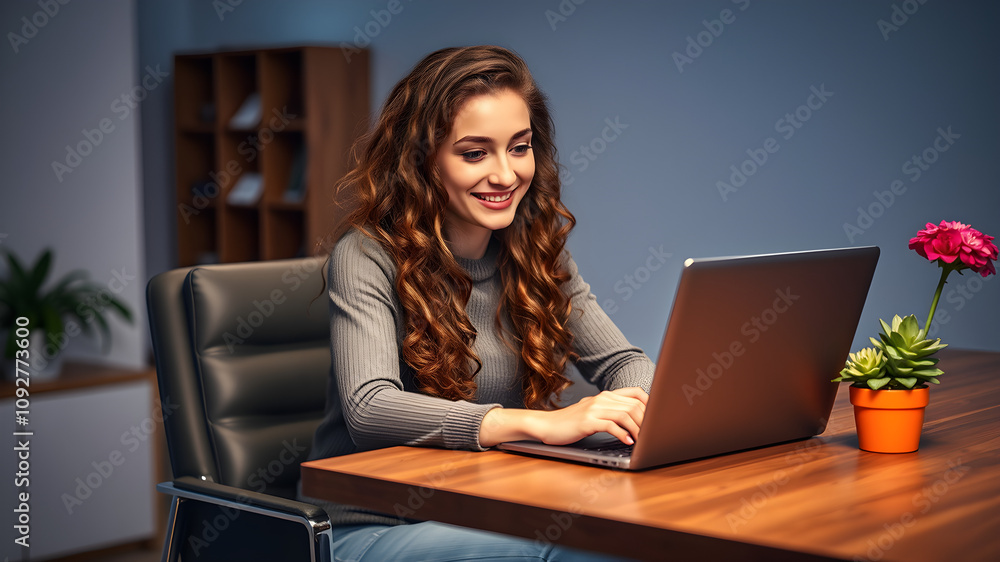 Fototapeta premium Businesswoman working on laptop, Work from home, Digital Marketing, Smiling Young Woman Working on Laptop in a Modern Office