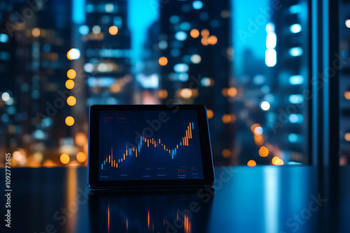 Night City Lights: Stock Market Growth on Tablet Screen. Financial Success, Investment Strategy, and Economic Progress Reflected in the Glowing Cityscape.