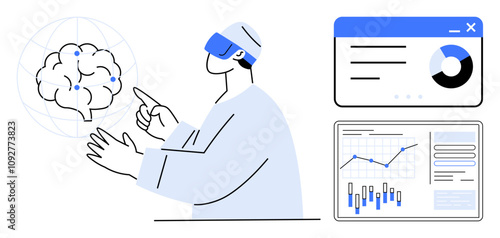 Scientist wearing VR headset interacts with graphical digital brain model. Two data charts display statistics and trends. Ideal for technology, research, data analysis, healthcare, innovation, future