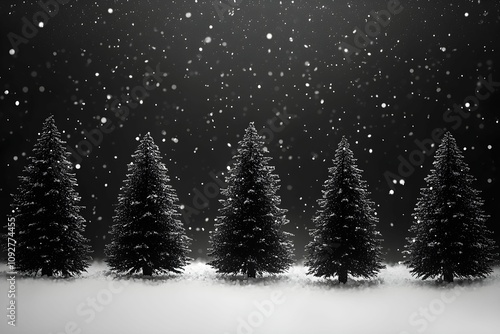 Snowfall over evergreen trees in a winter landscape