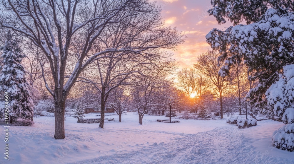 Snowy trees at sunset. The sky glows as the sun goes down. Snowy trees at sunset. The sky glows as the sun goes down.