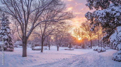 Snowy trees at sunset.  The sky glows as the sun goes down. photo