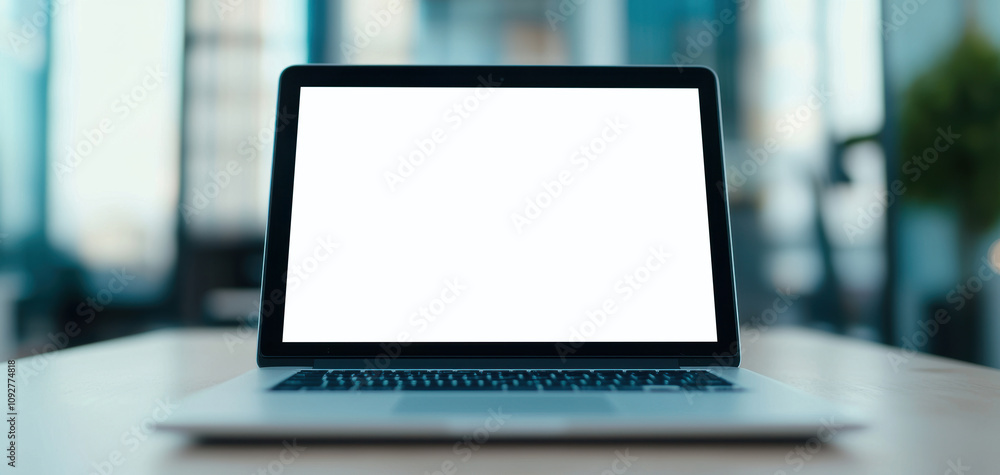 mock up technology concept. A sleek, modern laptop sits on a desk, featuring a blank screen, set against a blurred background of an office environment. mock up technology concept. A sleek, modern laptop sits on a desk, featuring a blank screen, set against a blurred background of an office environment.