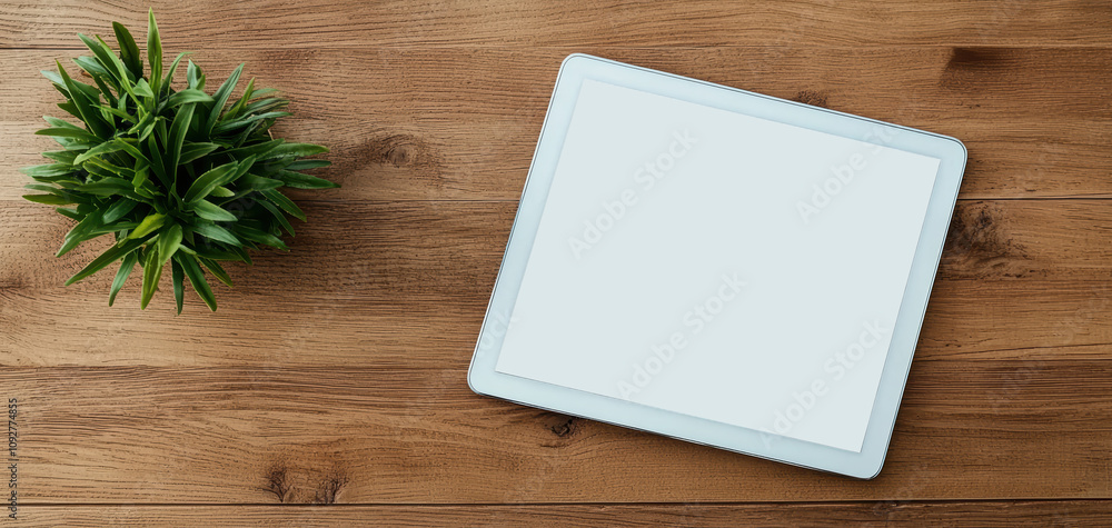 mock up technology concept. A minimalistic workspace featuring a blank tablet and a small plant on a wooden desk, creating a serene and organized environment. mock up technology concept. A minimalistic workspace featuring a blank tablet and a small plant on a wooden desk, creating a serene and organized environment.