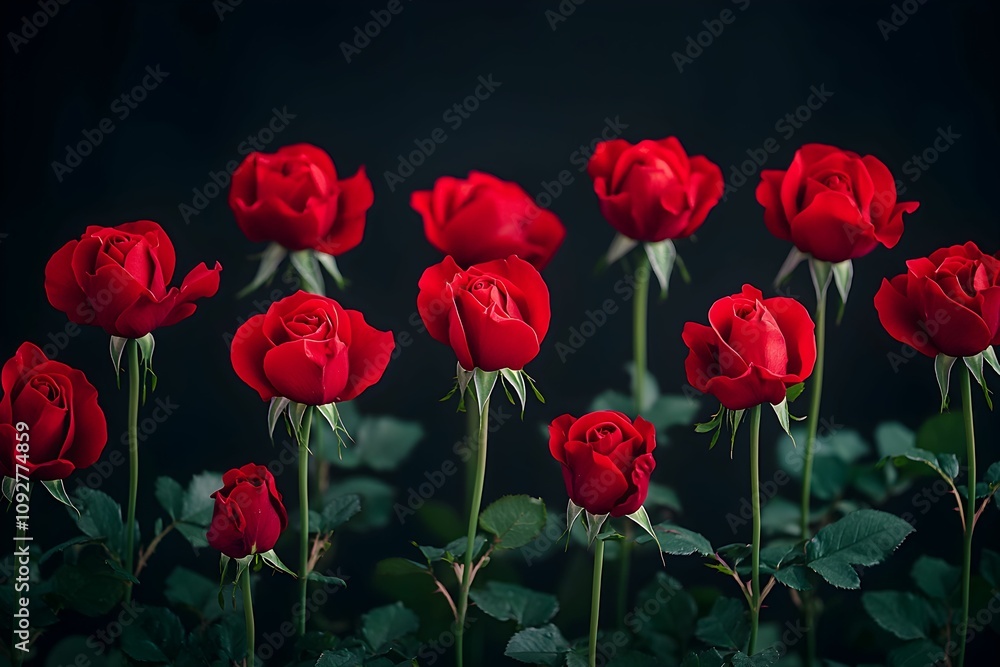 Obraz premium Roses arranged beautifully with dark background and green leaves