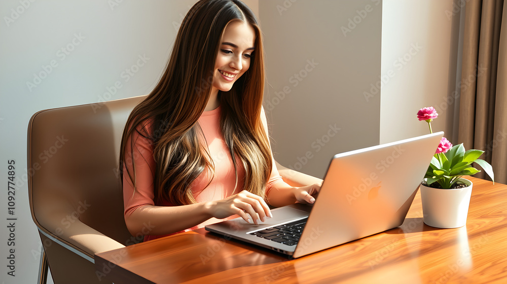 Businesswoman working on laptop, Work from home, Digital Marketing, Smiling Young Woman Working on Laptop in a Modern Office Businesswoman working on laptop, Work from home, Digital Marketing, Smiling Young Woman Working on Laptop in a Modern Office