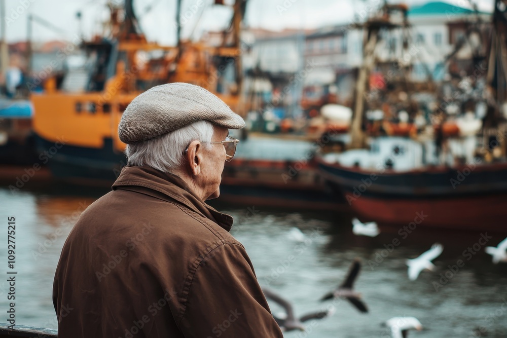 Elderly man enjoying the tranquil harbor view while observing seagulls in a bustling port Elderly man enjoying the tranquil harbor view while observing seagulls in a bustling port