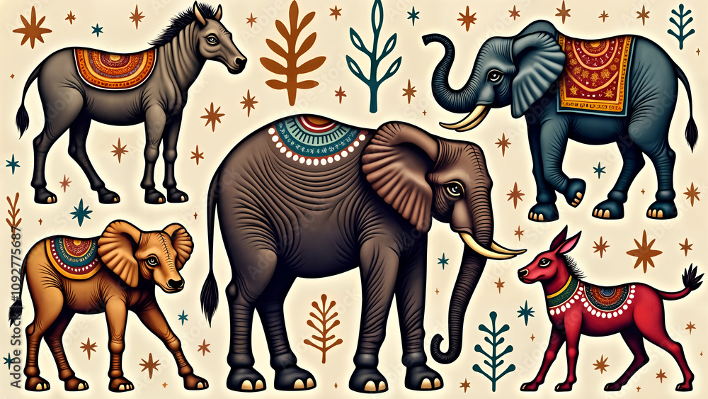 Obraz premium Vibrant Gond Art Featuring Striking Animal Designs