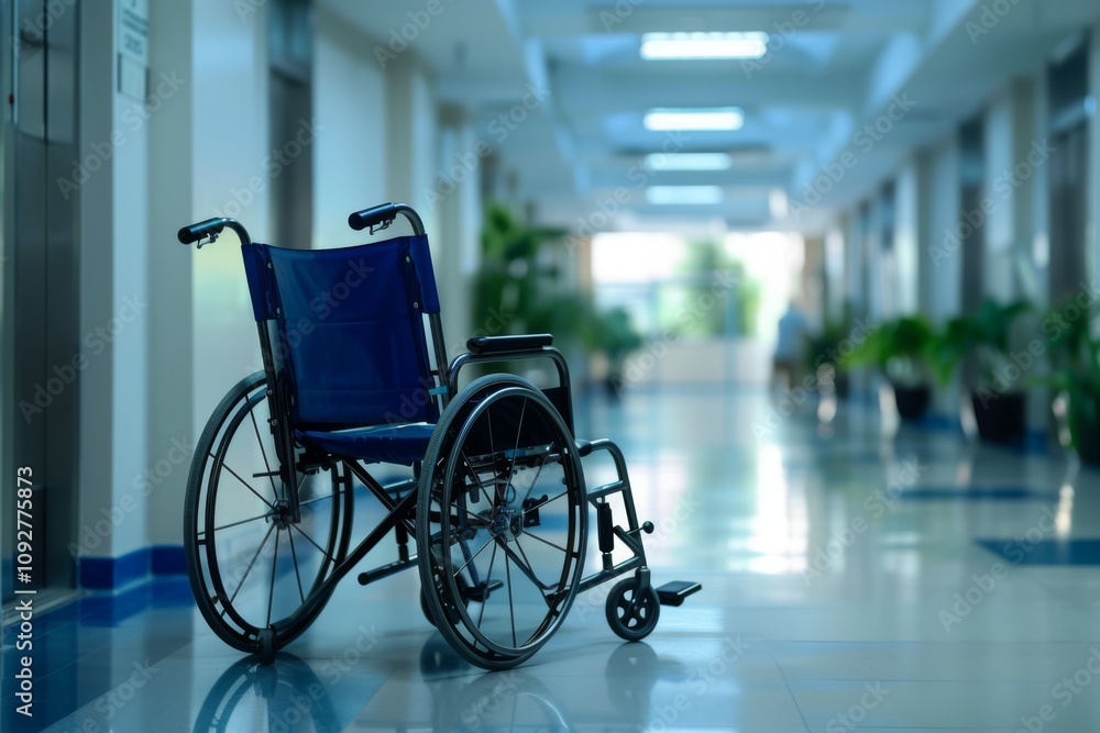 Wheelchair Positioned in a Modern Hospital Corridor with Bright Lighting and Clean Floors Creating a Sense of Accessibility and Care for Patients in Need Wheelchair Positioned in a Modern Hospital Corridor with Bright Lighting and Clean Floors Creating a Sense of Accessibility and Care for Patients in Need