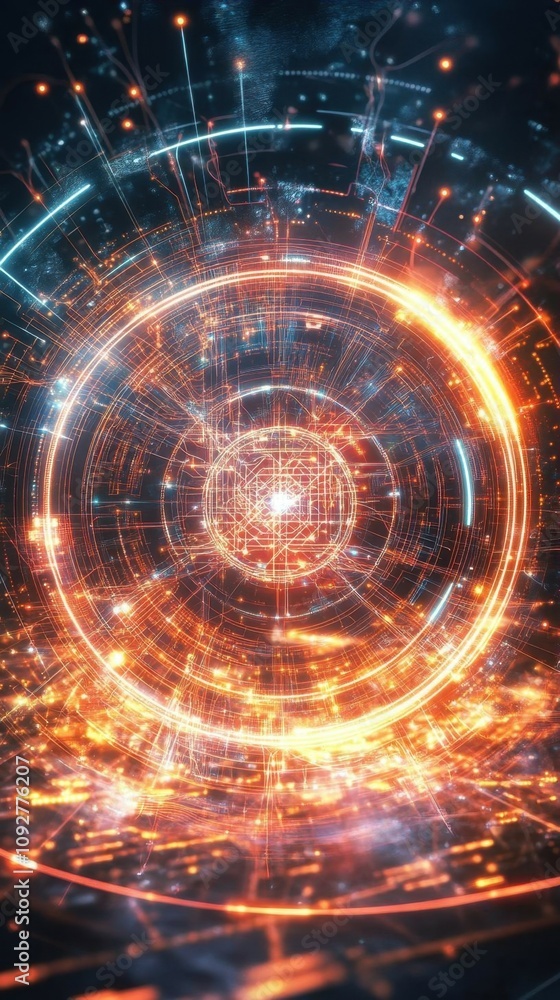 Abstract digital vortex with glowing circles and dynamic light effects. Abstract digital vortex with glowing circles and dynamic light effects.