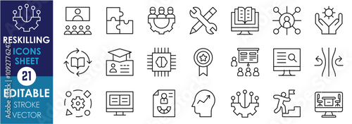 A set of line icons related to Reskilling. Skill, technical, education, workshop, intelligent, soft skill, career, microlearning, and so on. Vector editable stroke.