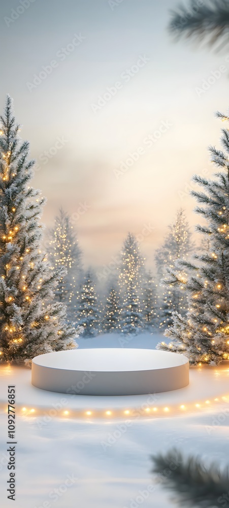 Fototapeta premium A snowy outdoor podium surrounded by fir trees adorned with soft golden lights, creating a peaceful winter atmosphere. Open space in the center for showcasing a product.