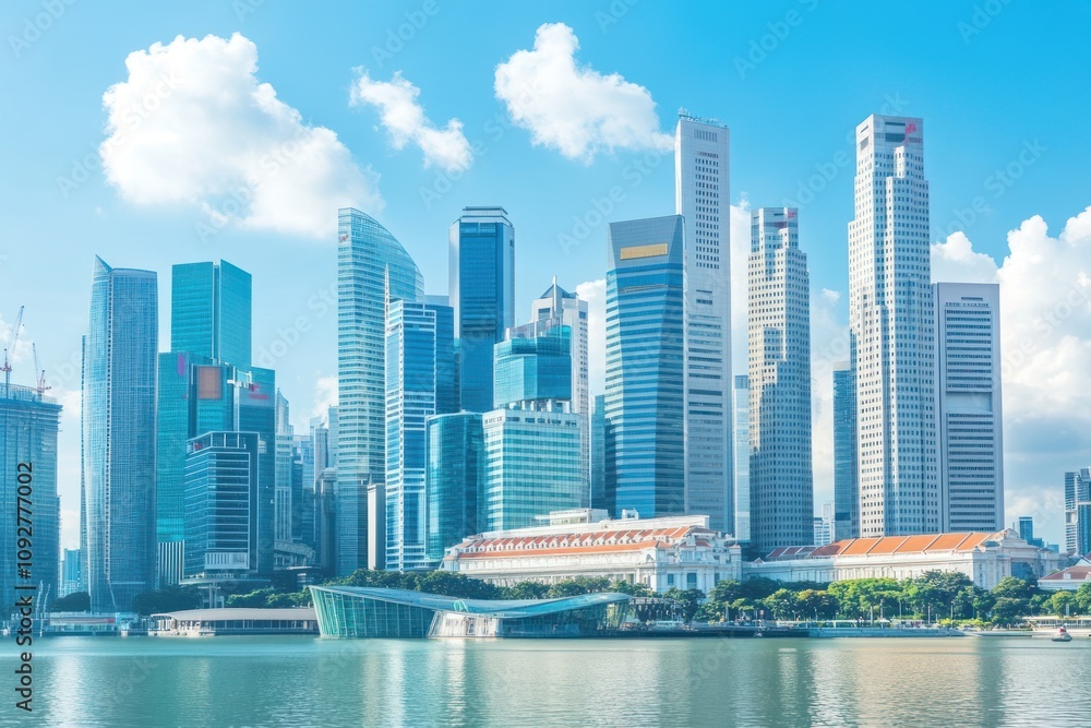Fototapeta premium A panoramic view of a modern city skyline reflecting on water under a clear blue sky.