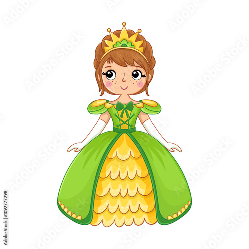 Cute princess or girl in a green dress. Vector illustration in cartoon style.