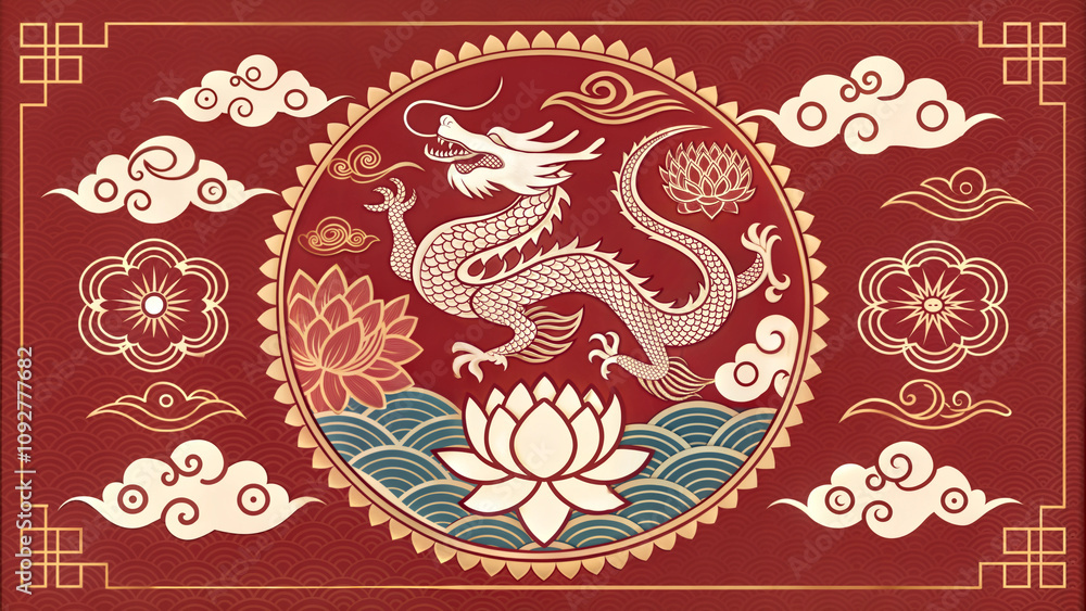 Naklejka premium Red Chinese dragon with lotus and cloud patterns