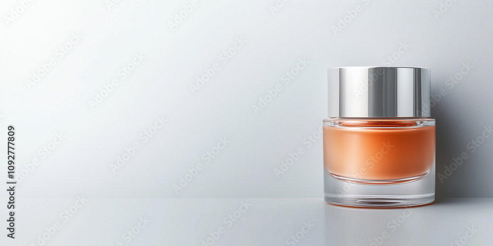 sleek glass jar of orange cream with silver lid on minimalist background, perfect for skincare products. sleek glass jar of orange cream with silver lid on minimalist background, perfect for skincare products.