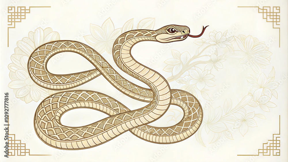 Golden snake illustration with floral decorative elements Golden snake illustration with floral decorative elements