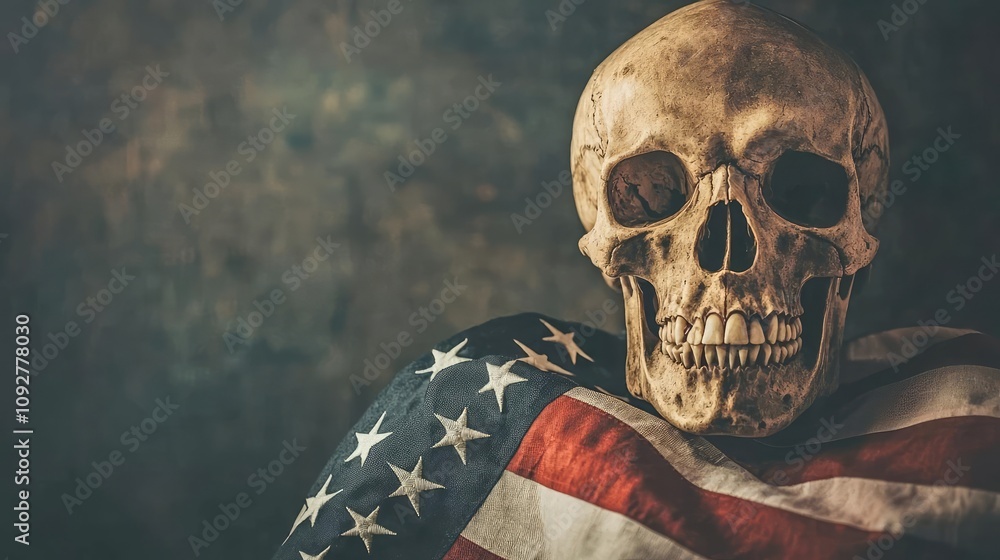 Skeleton draped in American flag against a dark textured background. Skeleton draped in American flag against a dark textured background.