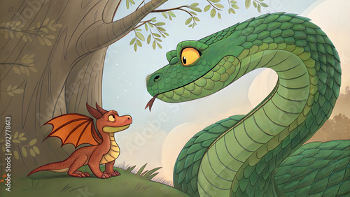 Cartoon snake and dragon meeting under tree