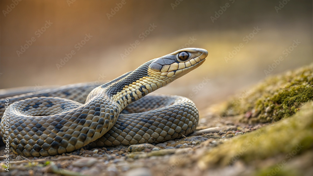 Close-up of a green snake resting on a forest floor Close-up of a green snake resting on a forest floor