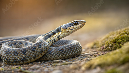 Close-up of a green snake resting on a forest floor