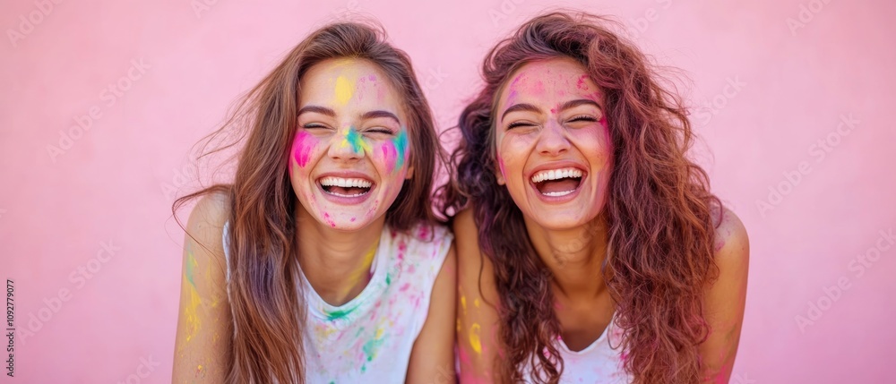 Obraz premium Two friends celebrate Holi, covered in colorful powders, sharing laughter against a bright backdrop. The atmosphere radiates joy and friendship during the festival